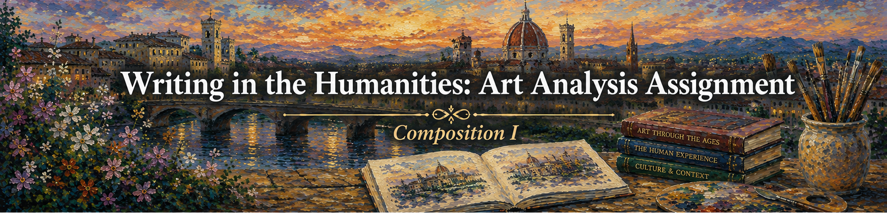 Writing in the Humanities: Art Analysis Assignment banner featuring Florence at sunset with an open sketchbook, art books, flowers, paintbrushes, and an artist’s palette.